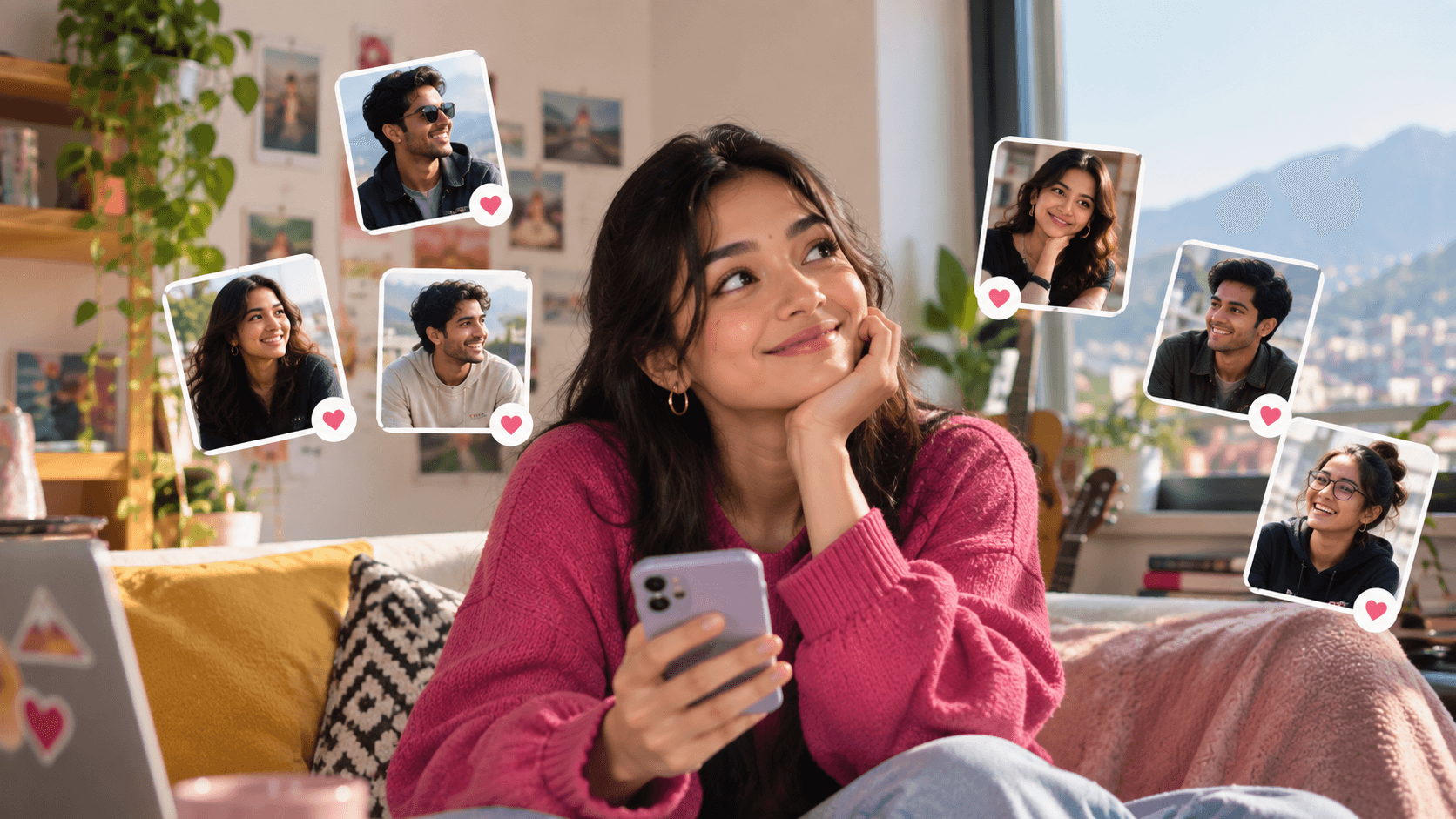A young woman on a sofa smiles at her phone while profile cards float around her